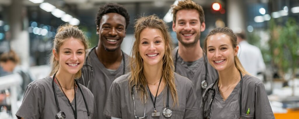 Five young medical professionals in scrubs smiling together in a bright, modern hospital setting.