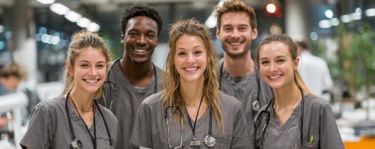 Five young medical professionals in scrubs smiling together in a bright, modern hospital setting.