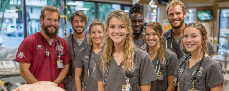 Group of smiling medical students in scrubs pose together in a clinical classroom setting with medical equipment.