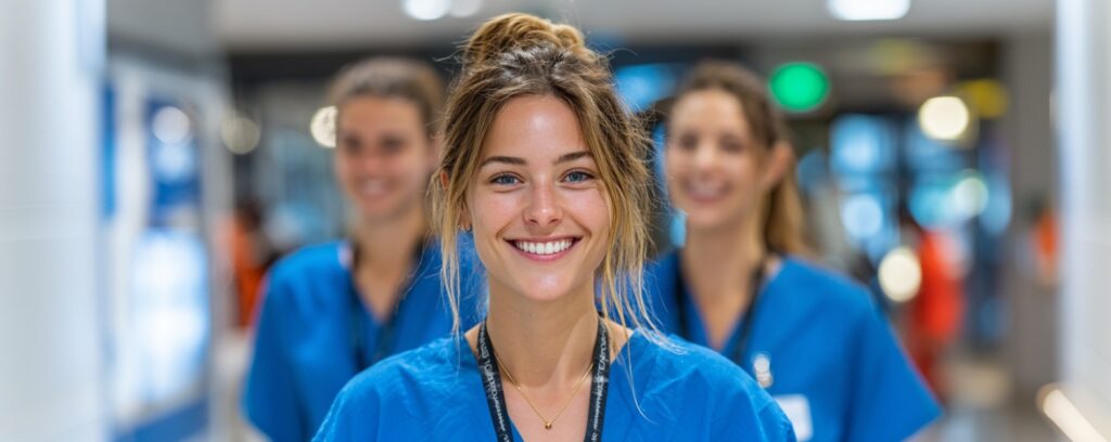 Three smiling healthcare workers in blue scrubs standing together in a brightly lit hospital hallway.