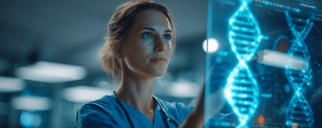 A female scientist studies glowing digital DNA strands on a transparent screen in a modern laboratory.