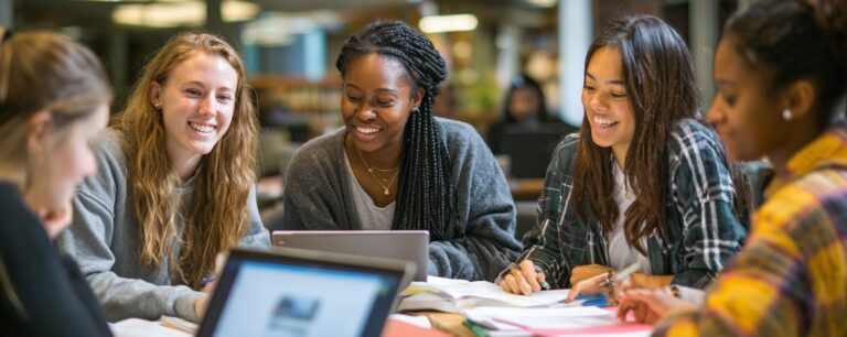 Five students sit together at a table, studying and smiling, with books and laptops in a library setting.