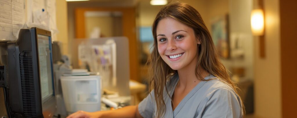 A smiling nurse in scrubs sits at a desk working on a computer in a hospital or clinic setting.