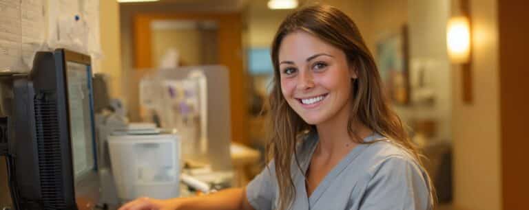 A smiling nurse in scrubs sits at a desk working on a computer in a hospital or clinic setting.
