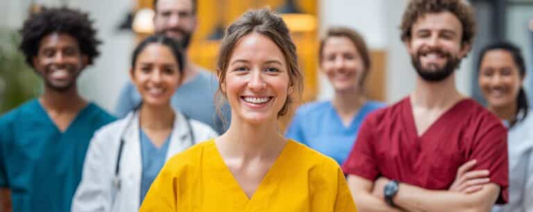 Smiling healthcare workers in scrubs and lab coats standing together in a bright indoor setting.