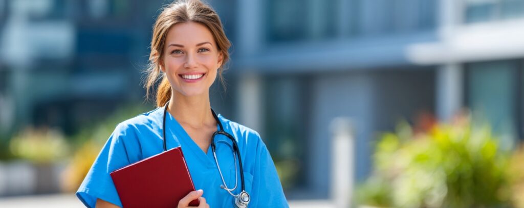Smiling nurse in blue scrubs holding a red folder and a stethoscope, standing outdoors.