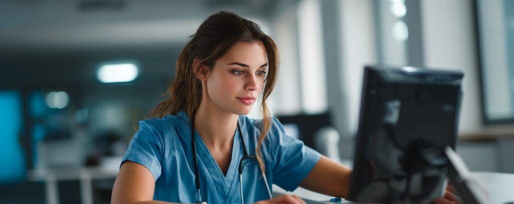 Nursing graduate focused on taking a computer-based exam, seated at a desk with hands on keyboard in a bright, quiet testing environment