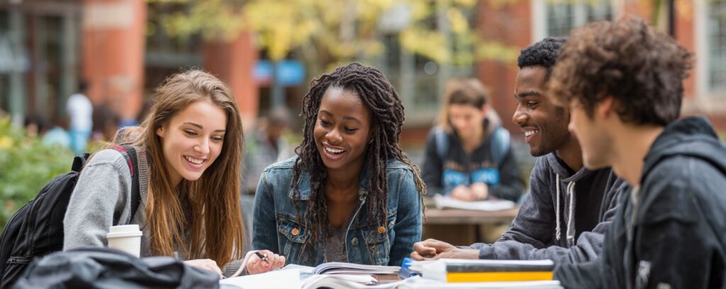 Four students sit together outdoors, smiling and studying with books and notebooks on the table.
