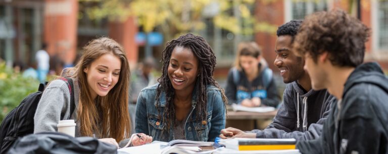 Four students sit together outdoors, smiling and studying with books and notebooks on the table.
