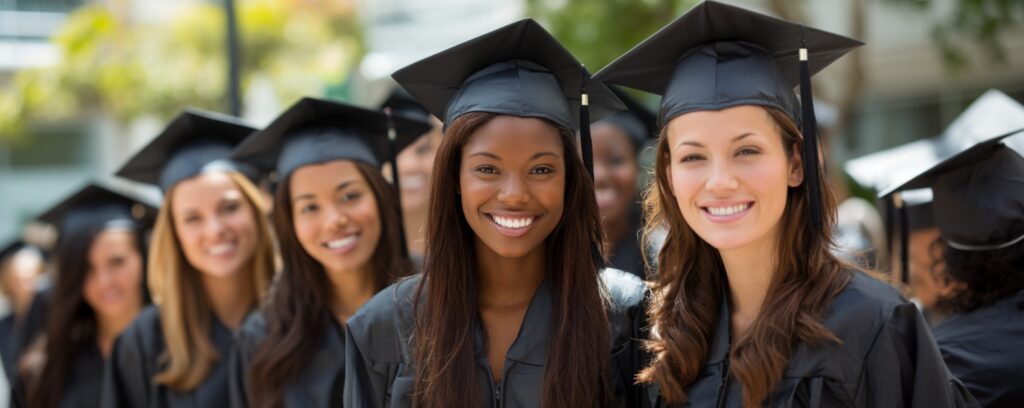 Five graduates in caps and gowns smiling outdoors, standing in a line during a graduation ceremony.