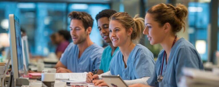 Four medical students in scrubs study together at a desk, smiling and working on computers and papers.