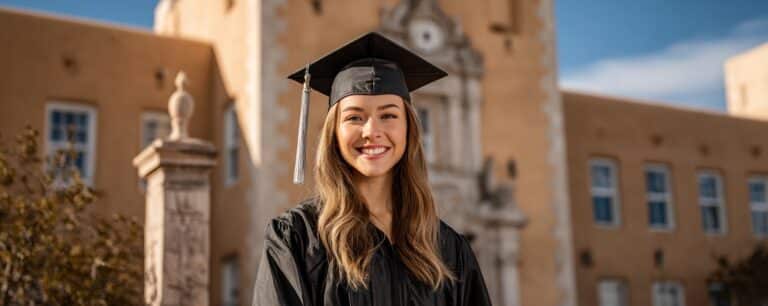 Smiling graduate in cap and gown stands outside a beige building with a clock tower.