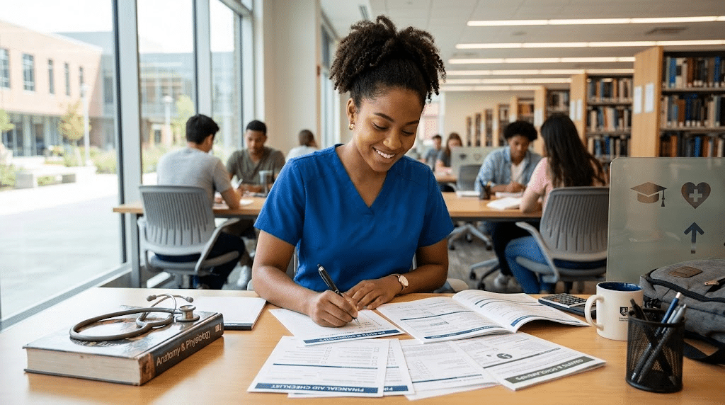A nurse in blue scrubs studies at a library table with books, papers, and a stethoscope nearby.
