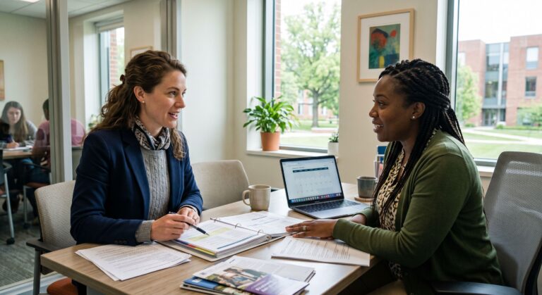 Two women sit at a desk, talking with papers, a laptop, and books in a bright office.