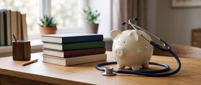 A piggy bank with a stethoscope around it sits next to stacked books on a wooden desk by a window.