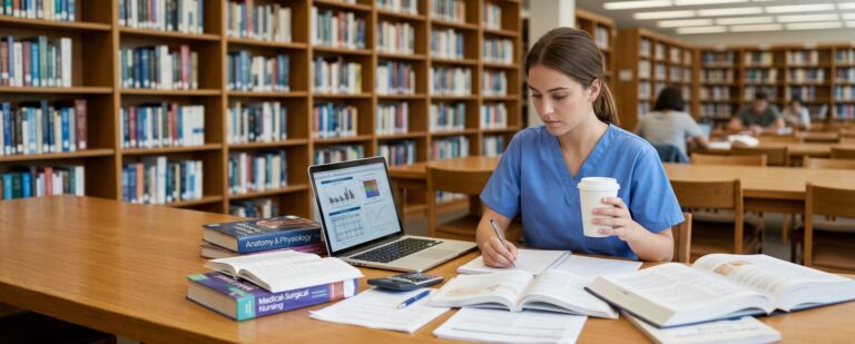 Woman in scrubs studying with books, laptop, and coffee in a library filled with bookshelves.