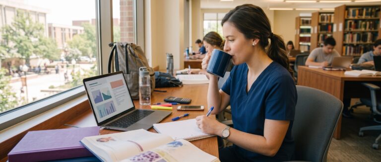 Woman studying at a library table with a laptop, notebook, and coffee, near a sunny window.