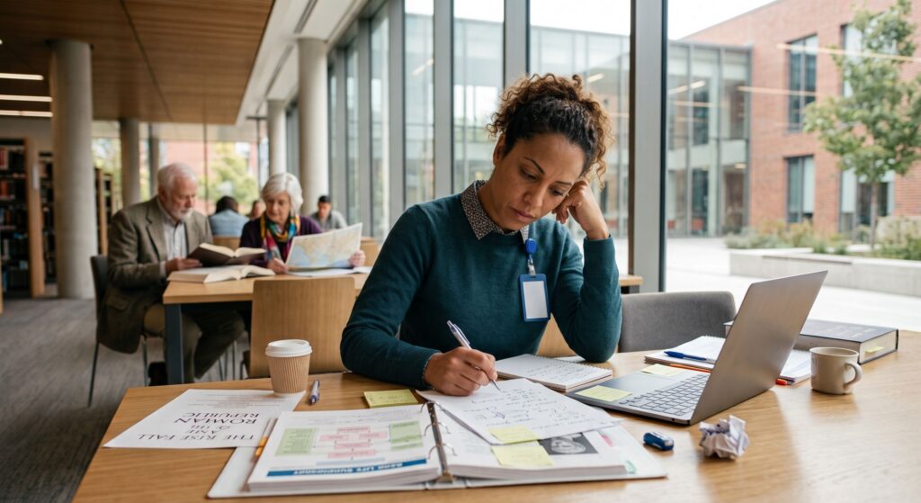 Woman studying at a library table with papers, notebooks, laptop, and coffee; two people reading behind her.