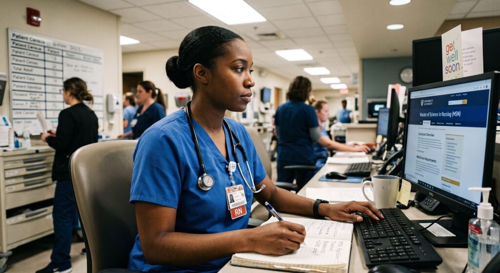 Nurse in blue scrubs works at a desk, writing notes and using a computer in a busy hospital setting.